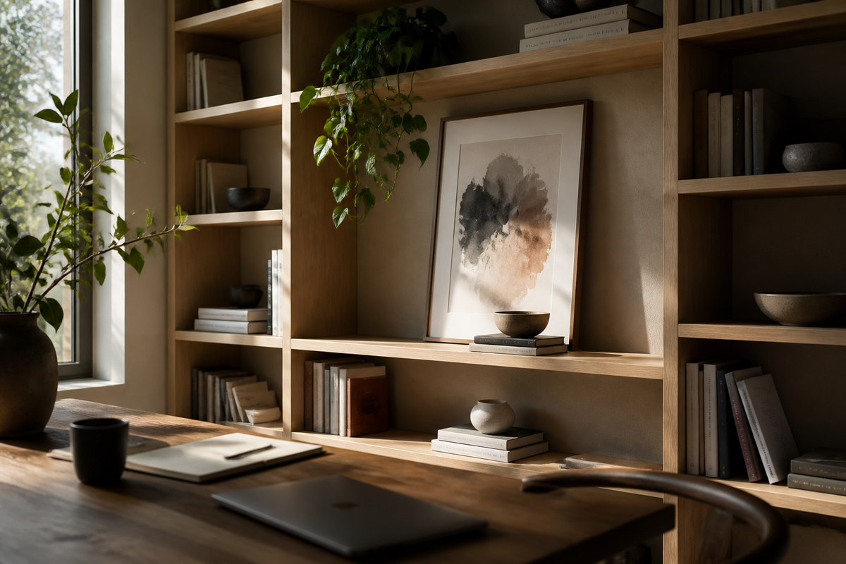 How to Style a Bookshelf Wall in a Home Office With Art and Objects