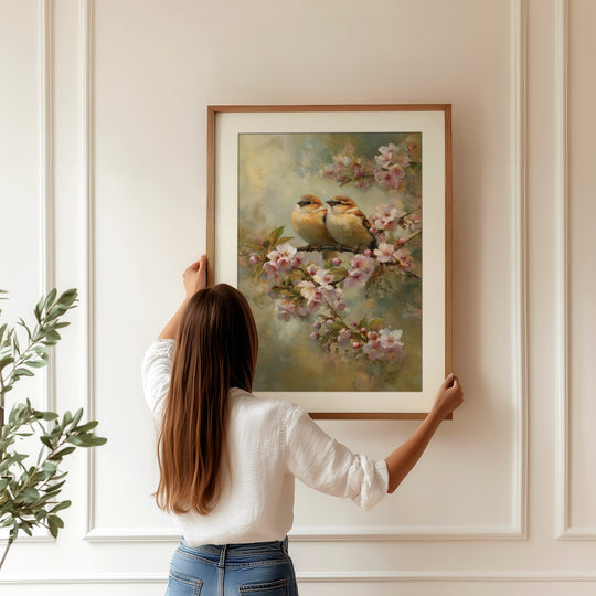 Birds on Blossom Branch Wall Art Print