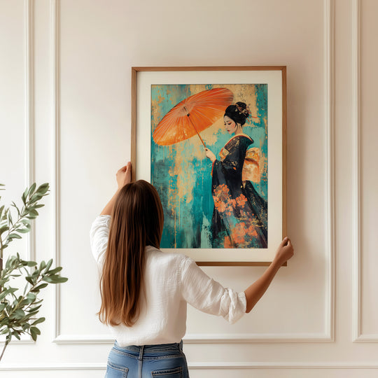 Geisha with Parasol on Teal Texture