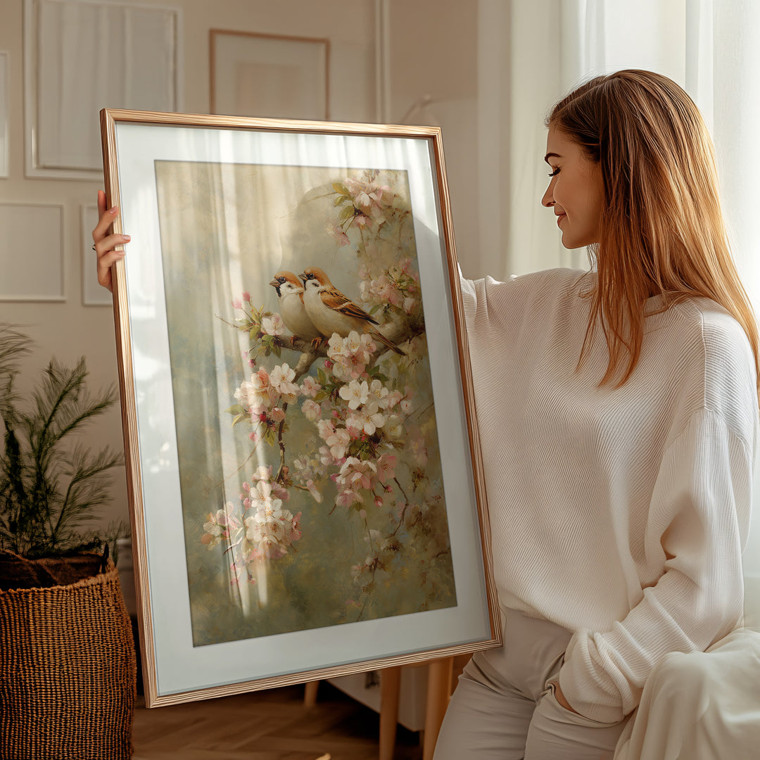 Sparrow Cherry Blossom Wall Art Print
