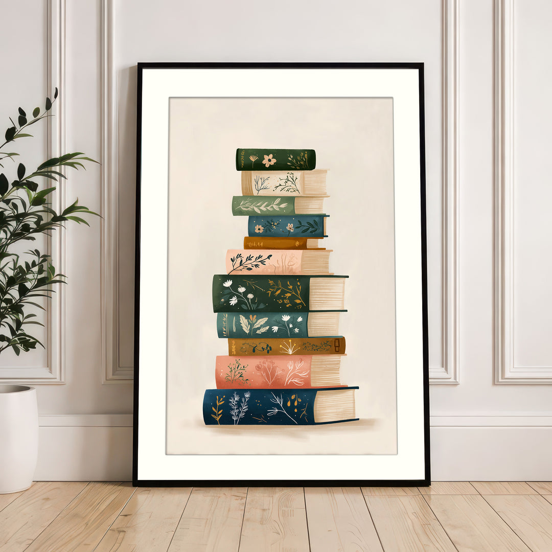 Stacked books wall art print
