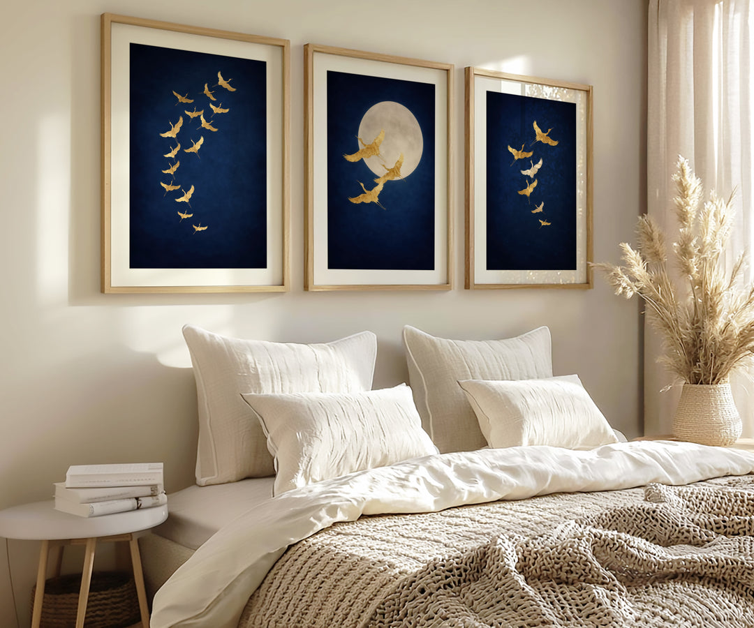 Gold Crane Wall Art Prints Set of 3