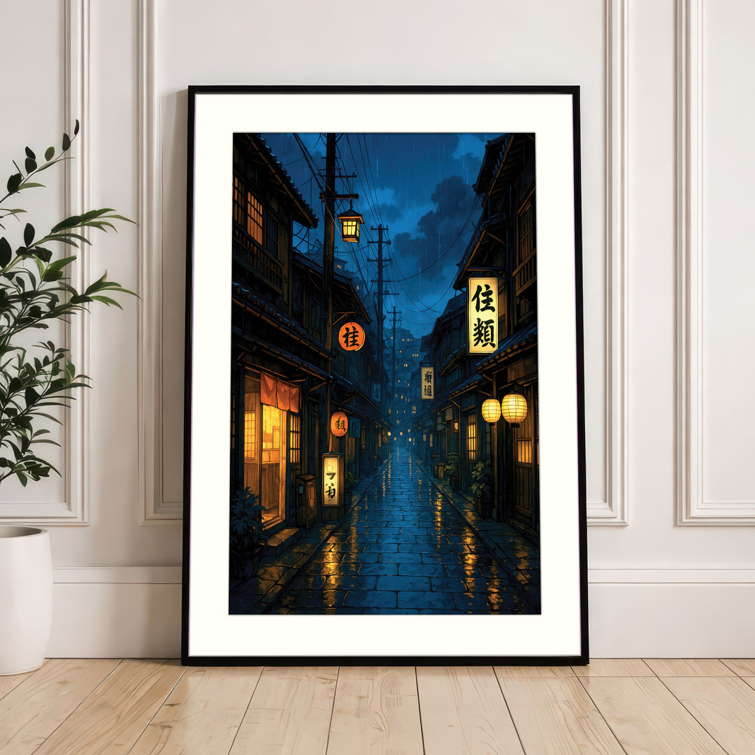 Rainy Japanese Alley at Night Navy Blue Anime Wall Art Print