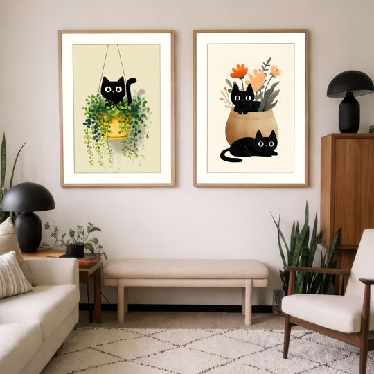 Black Cat Wall Art Prints Set of 2