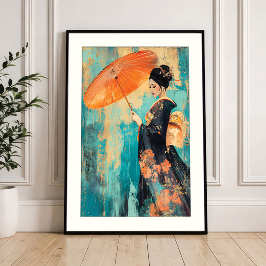 Geisha with Parasol on Teal Texture