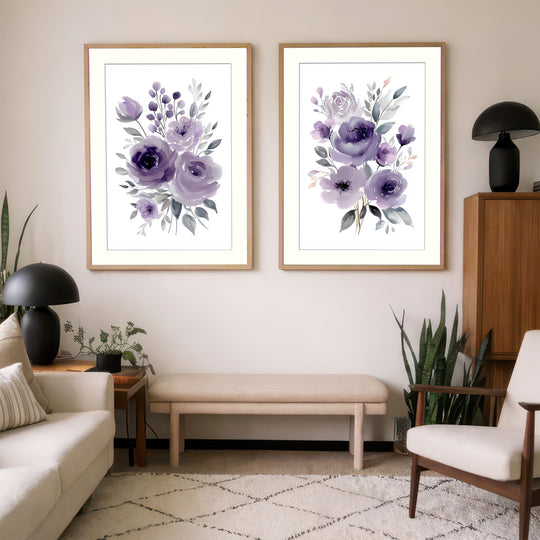 Purple Floral Wall Art Prints Set of