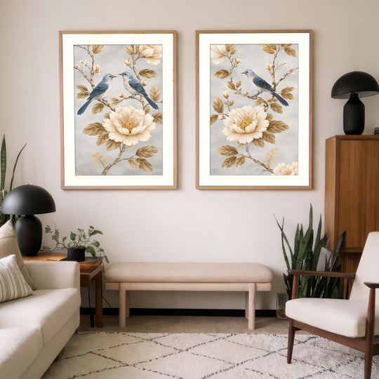 Blue Bird and Peony Wall Art Prints Set of 2