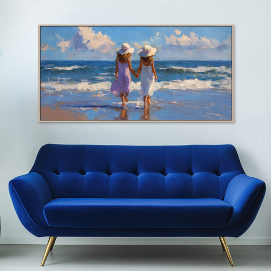 Girls Walking on Beach Canvas Print