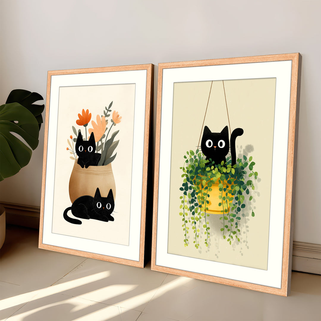 Black Cat Wall Art Prints Set of 2