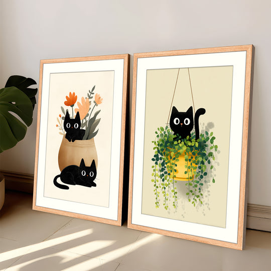 Black Cat Wall Art Prints Set of 2