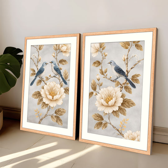 Blue Bird and Peony Wall Art Prints Set of 2