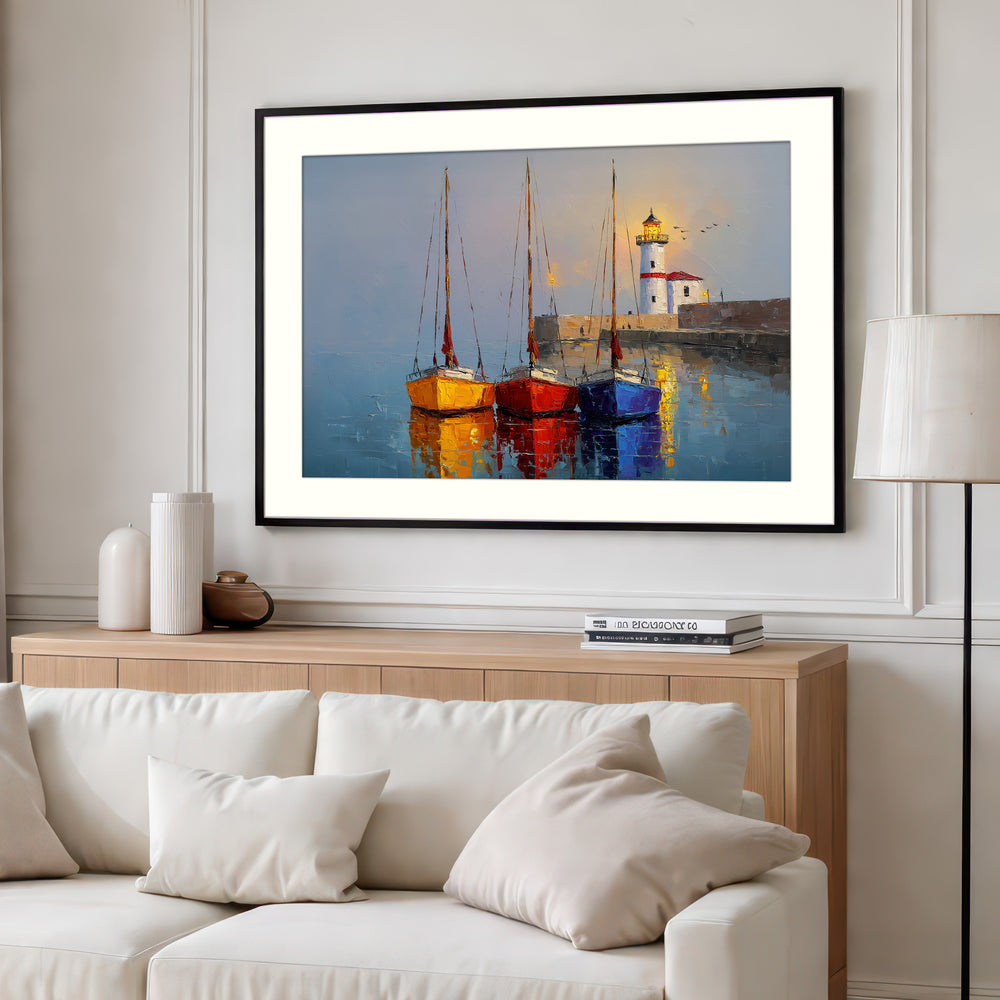Lighthouse and sailboats wall art print