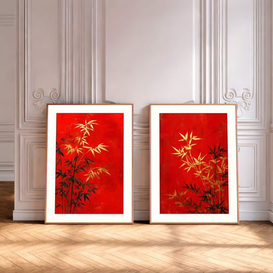 Red Bamboo Wall Art Prints Set of 2
