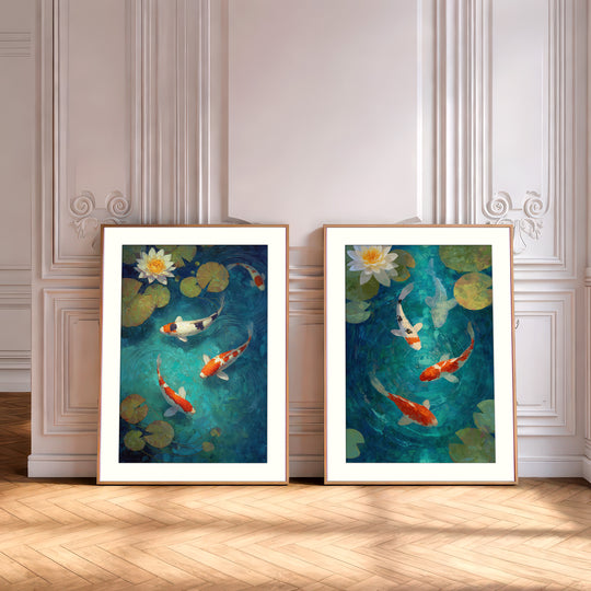 Koi Fish Pond Wall Art Prints Set of 2