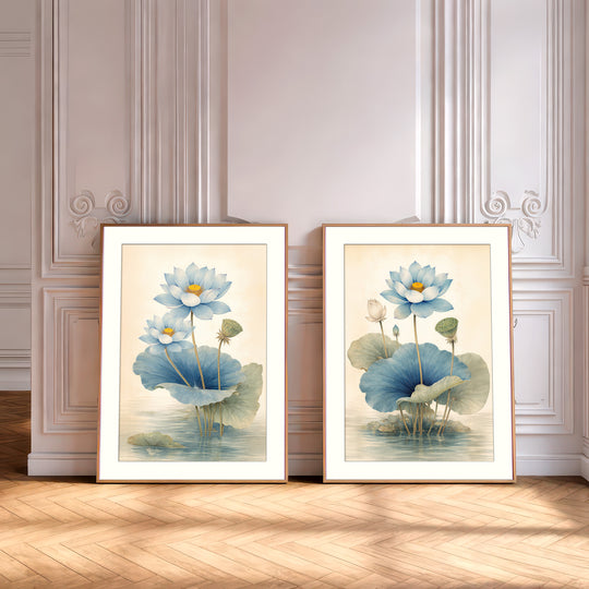 Blue Lotus Wall Art Prints Set of 2