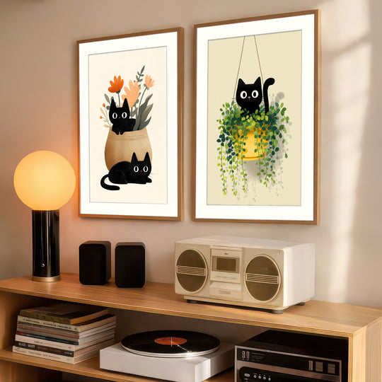 Black Cat Wall Art Prints Set of 2