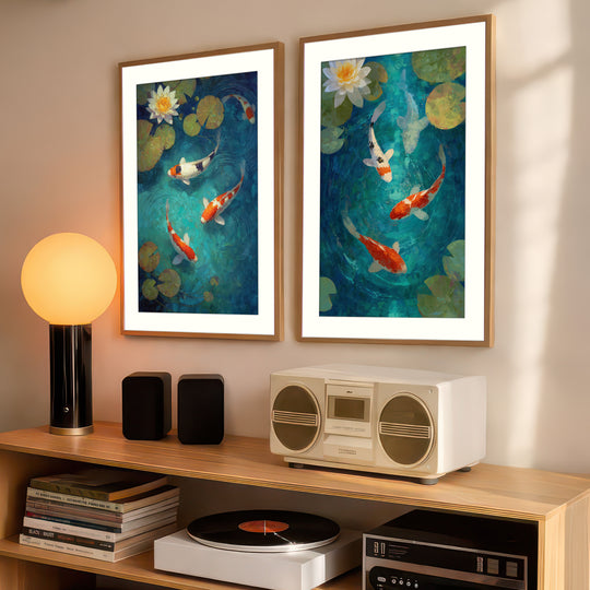 Koi Fish Pond Wall Art Prints Set of 2