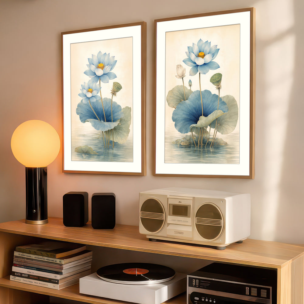 Blue Lotus Wall Art Prints Set of 2