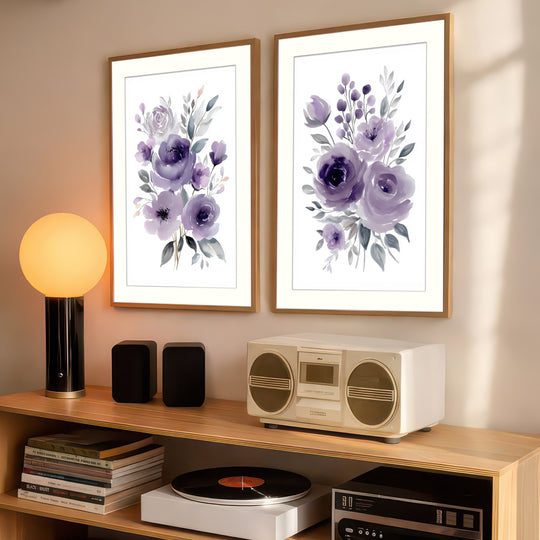 Purple Floral Wall Art Prints Set of