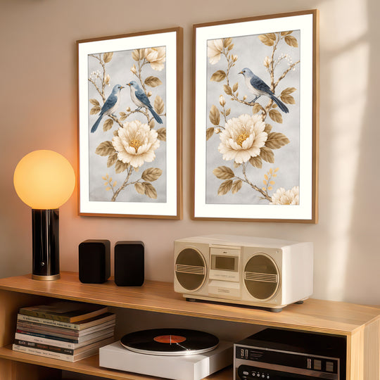 Blue Bird and Peony Wall Art Prints Set of 2