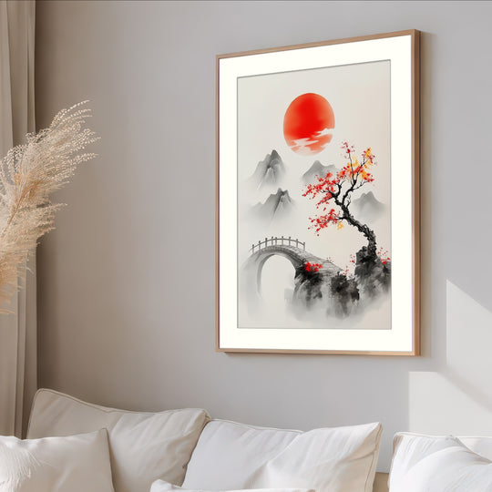Red Sun Asian Landscape Wall Art Print