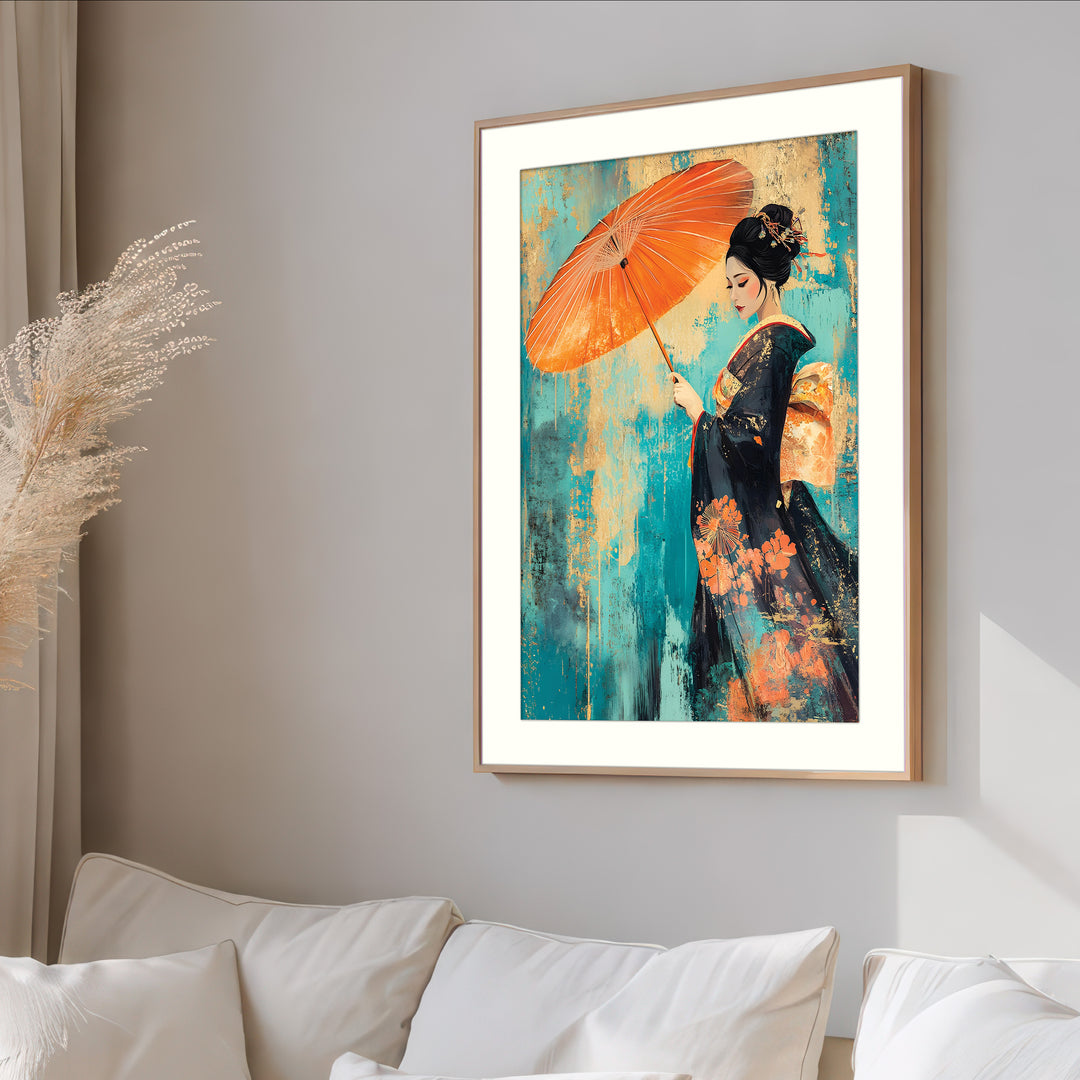 Geisha with Parasol on Teal Texture