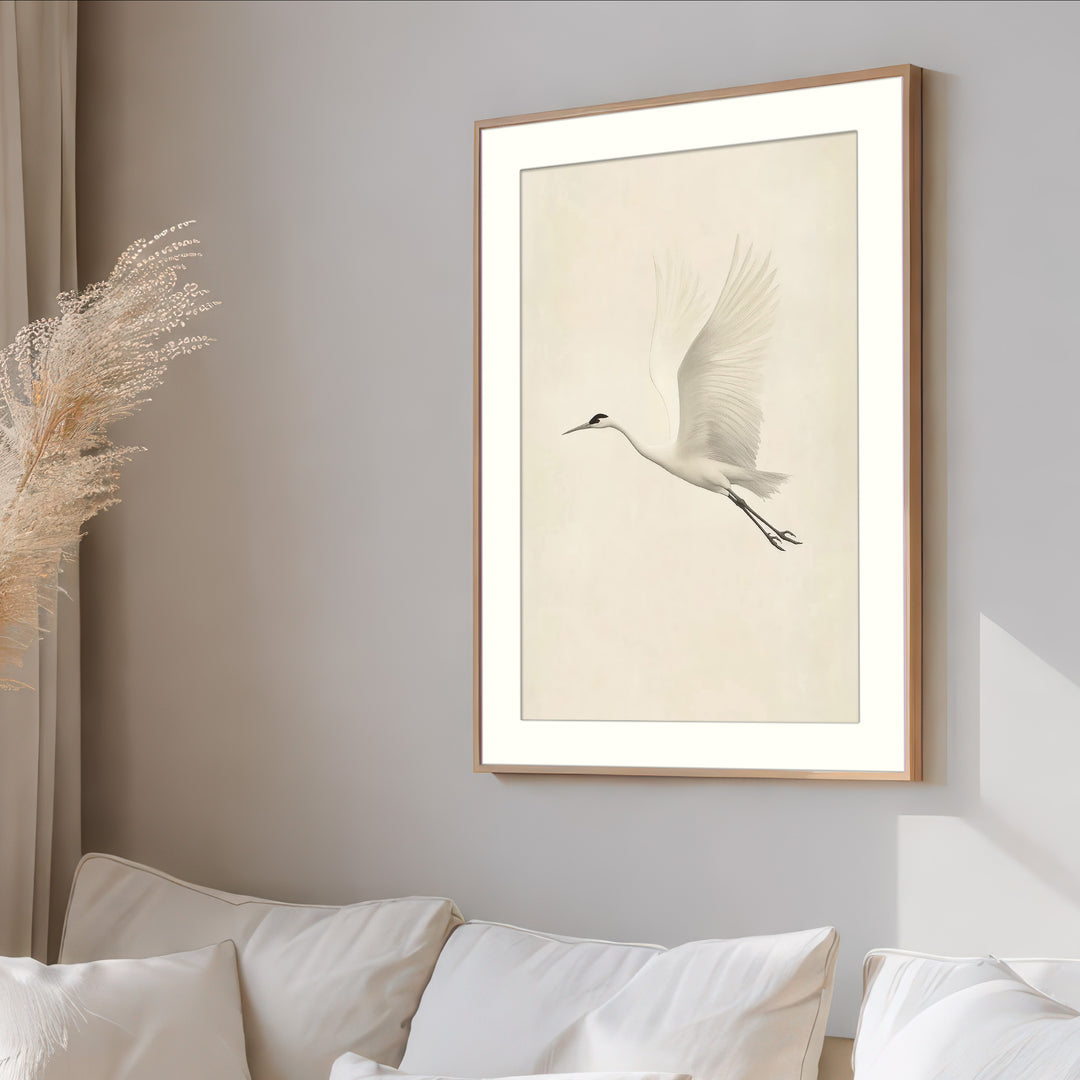 Flying White Crane Wall Art Print