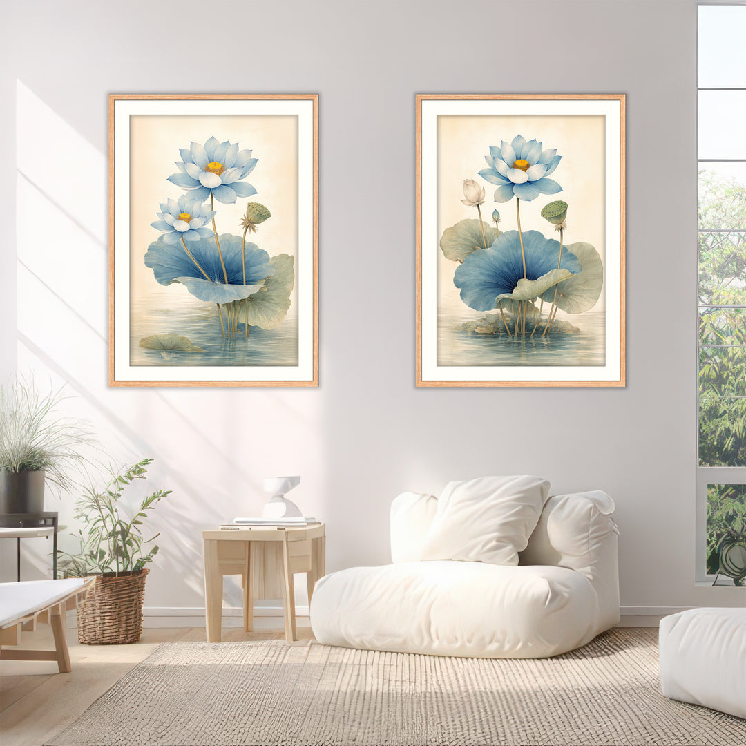 Blue Lotus Wall Art Prints Set of 2