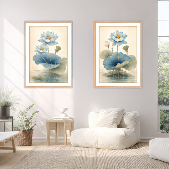 Blue Lotus Wall Art Prints Set of 2