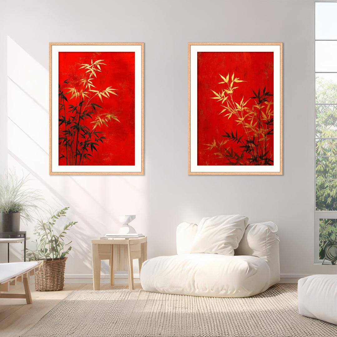 Red Bamboo Wall Art Prints Set of 2