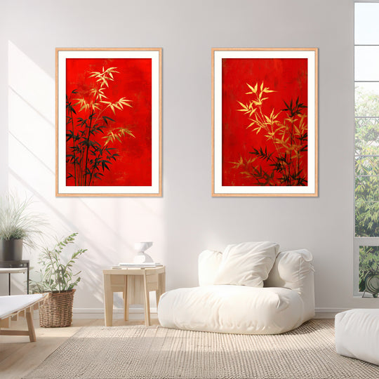 Red Bamboo Wall Art Prints Set of 2