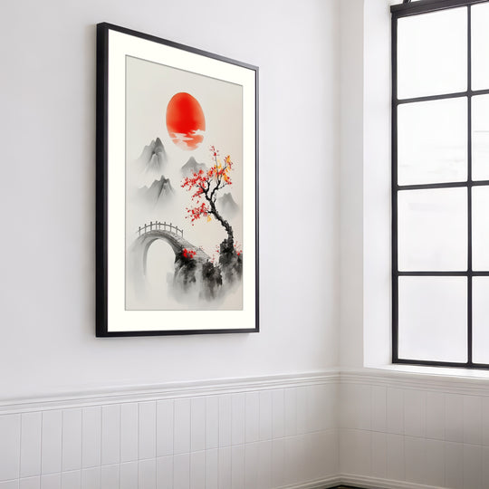 Red Sun Asian Landscape Wall Art Print