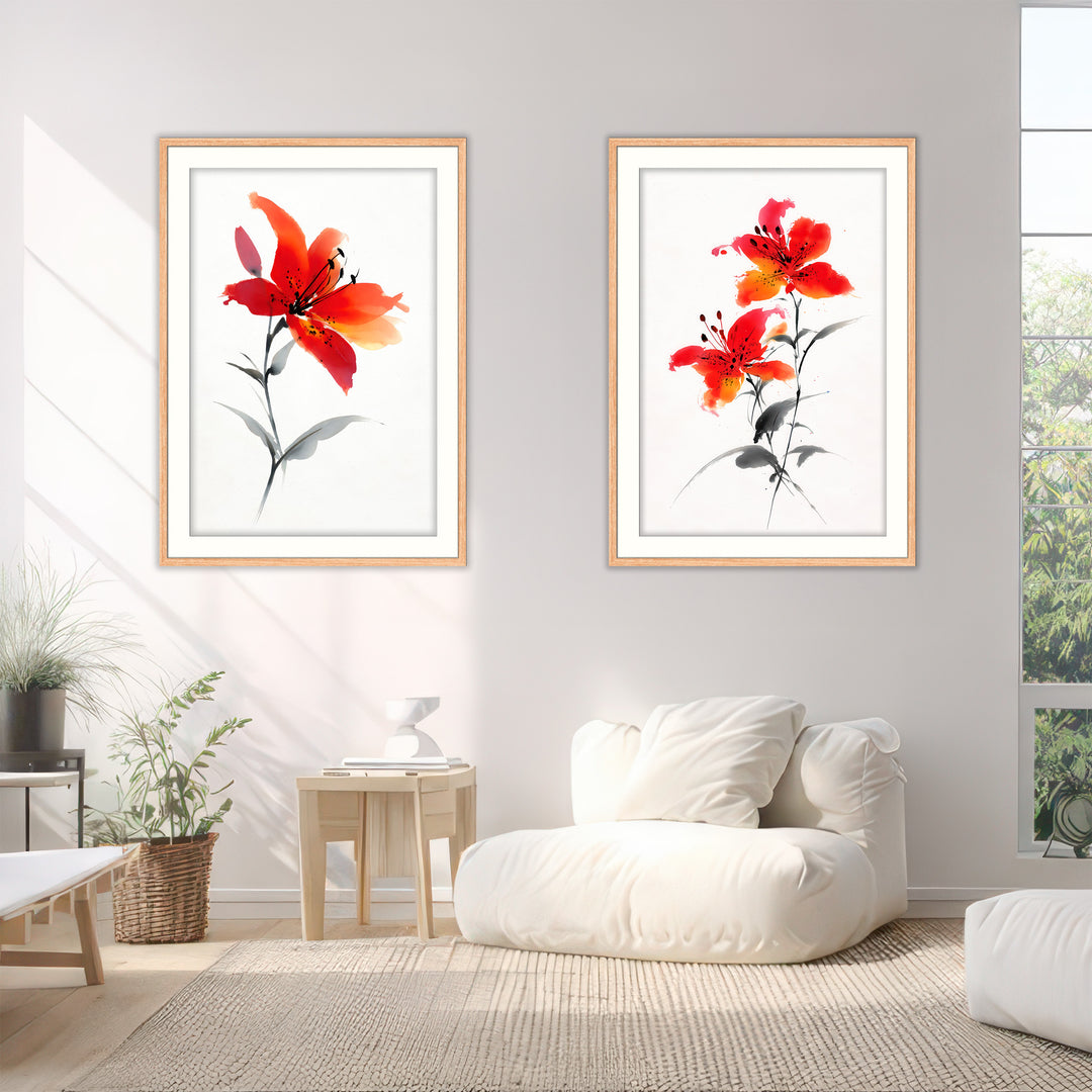 Red Lily Wall Art Prints Set of 2