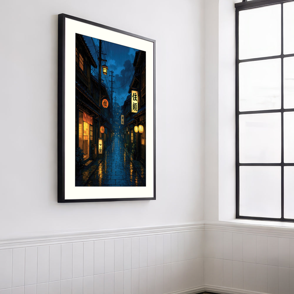 Rainy Japanese Alley at Night Navy Blue Anime Wall Art Print