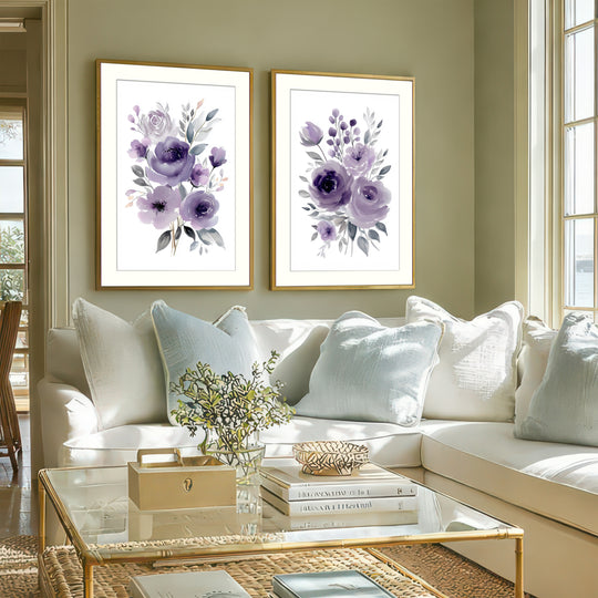 Purple Floral Wall Art Prints Set of