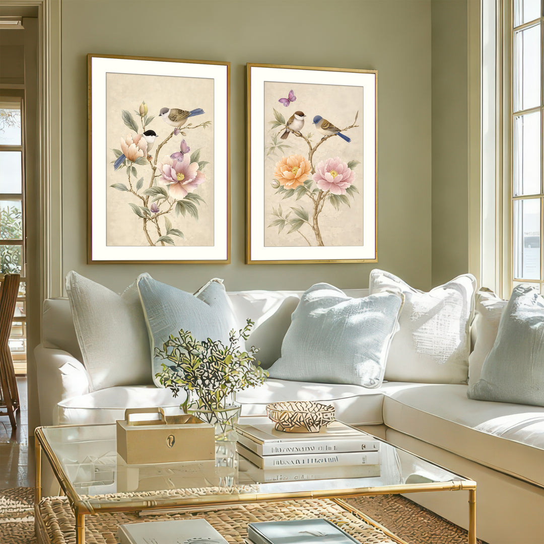 Bird and Peony Wall Art Prints Set of 2