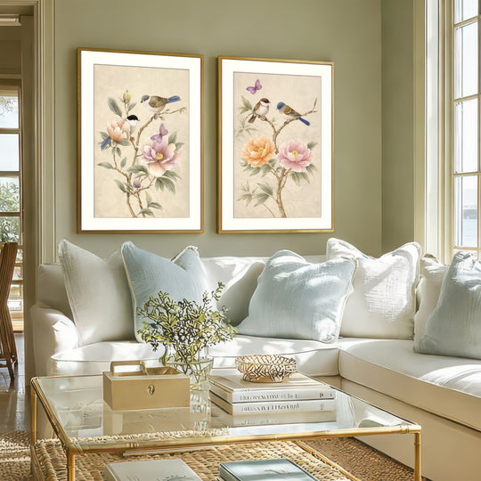 Bird and Peony Wall Art Prints Set of 2