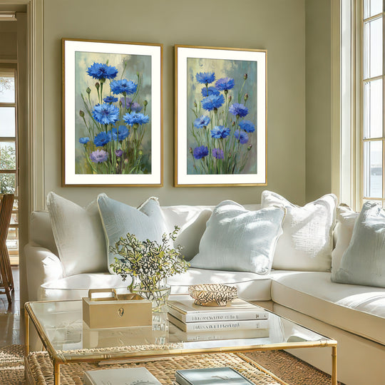 Blue Cornflower Wall Art Prints Set of 2