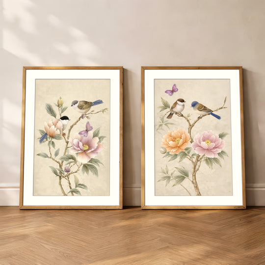 Bird and Peony Wall Art Prints Set of 2
