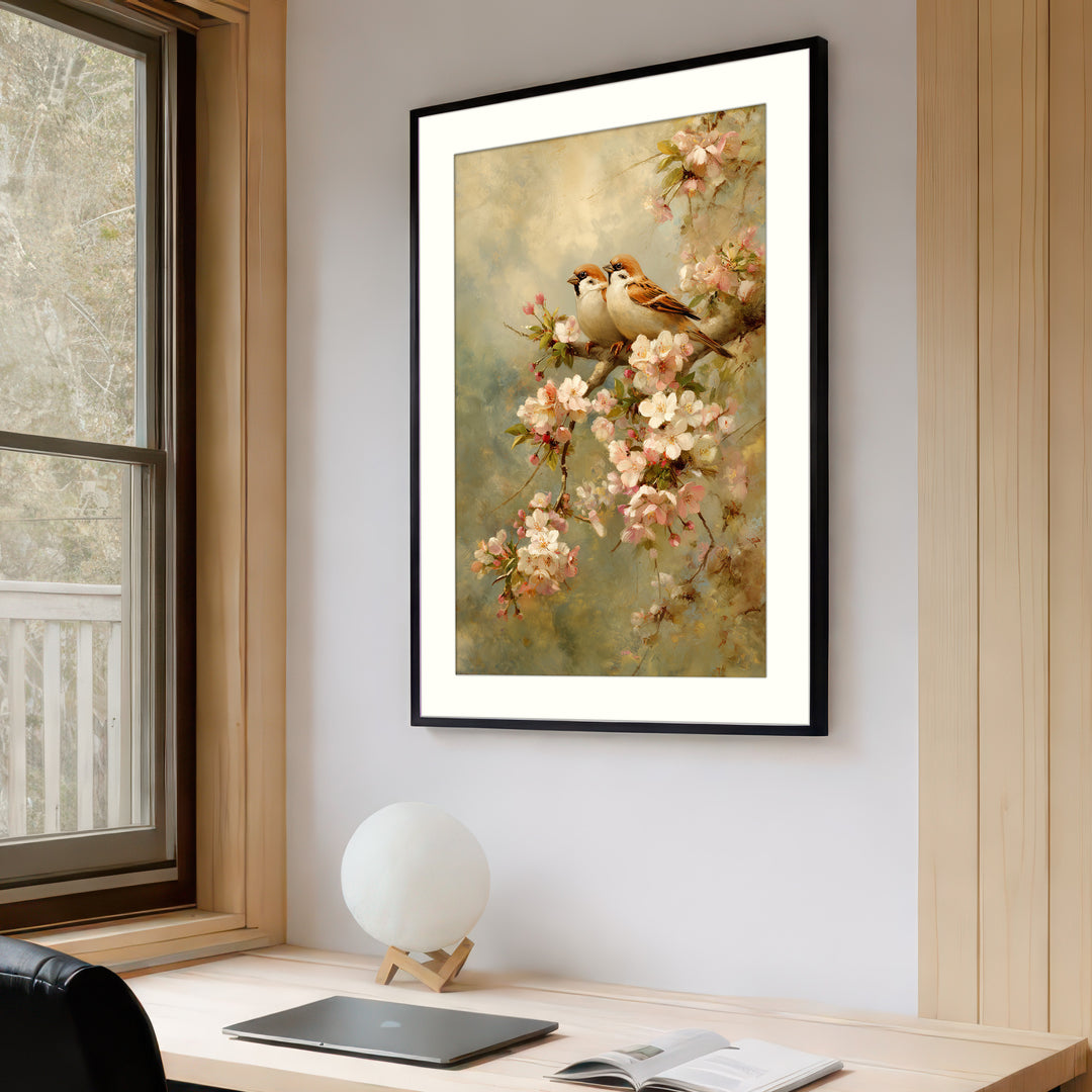 Sparrow Cherry Blossom Wall Art Print
