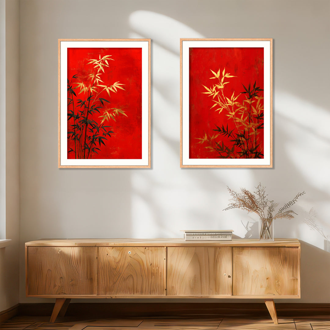 Red Bamboo Wall Art Prints Set of 2
