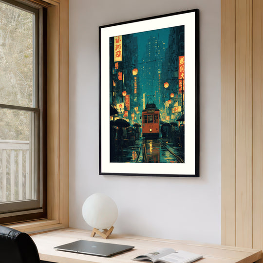 Rainy Japanese Street Orange Tram Neon Night Art Print Wall Art