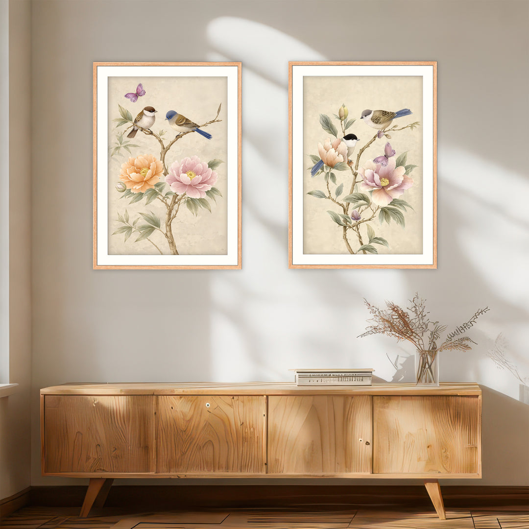 Bird and Peony Wall Art Prints Set of 2
