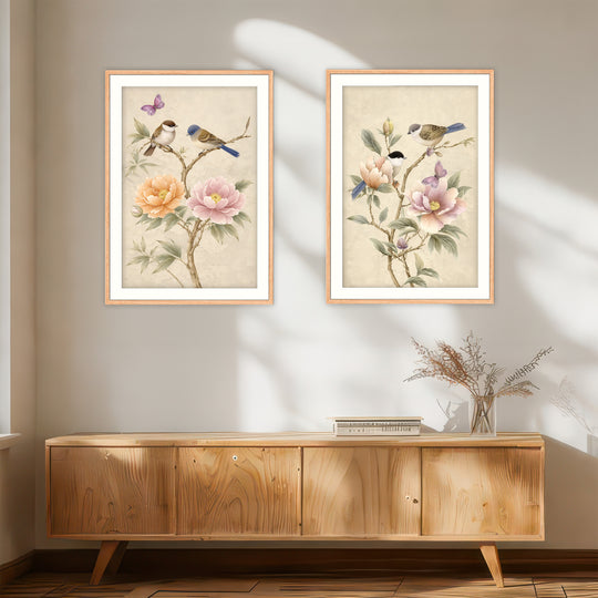 Bird and Peony Wall Art Prints Set of 2