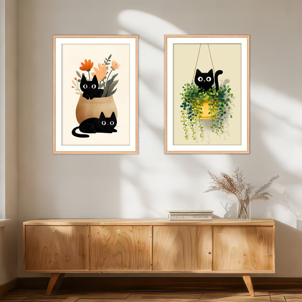 Black Cat Wall Art Prints Set of 2