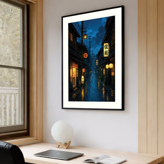Rainy Japanese Alley at Night Navy Blue Anime Wall Art Print