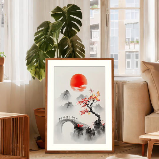 Red Sun Asian Landscape Wall Art Print