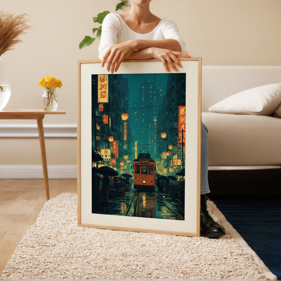 Rainy Japanese Street Orange Tram Neon Night Art Print Wall Art
