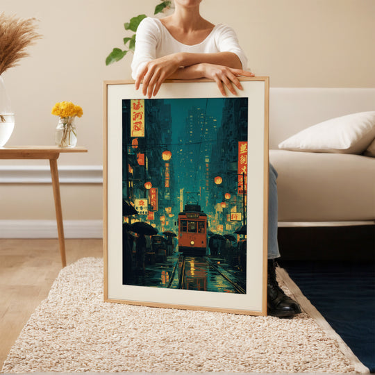 Rainy Japanese Street Orange Tram Neon Night Art Print Wall Art