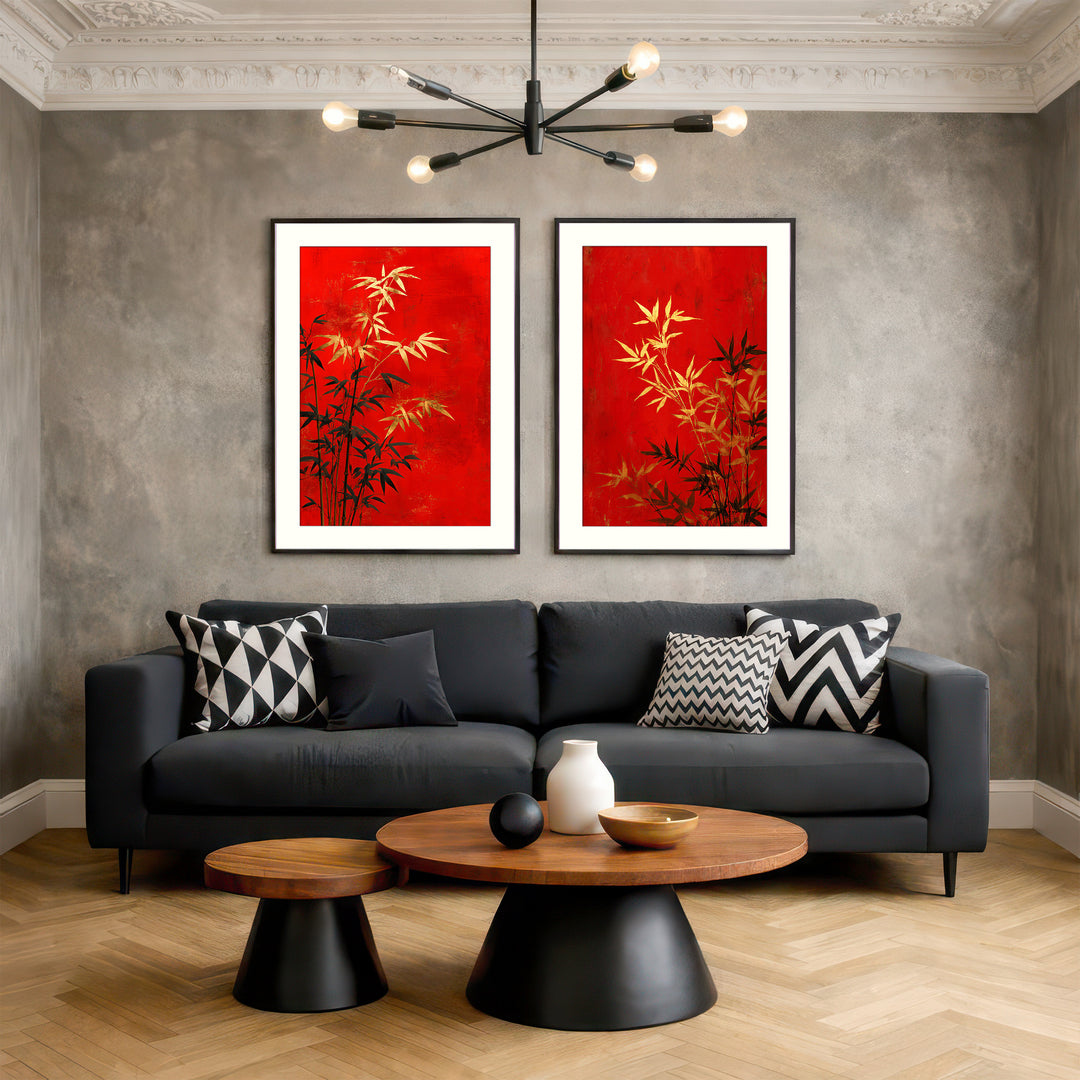 Red Bamboo Wall Art Prints Set of 2